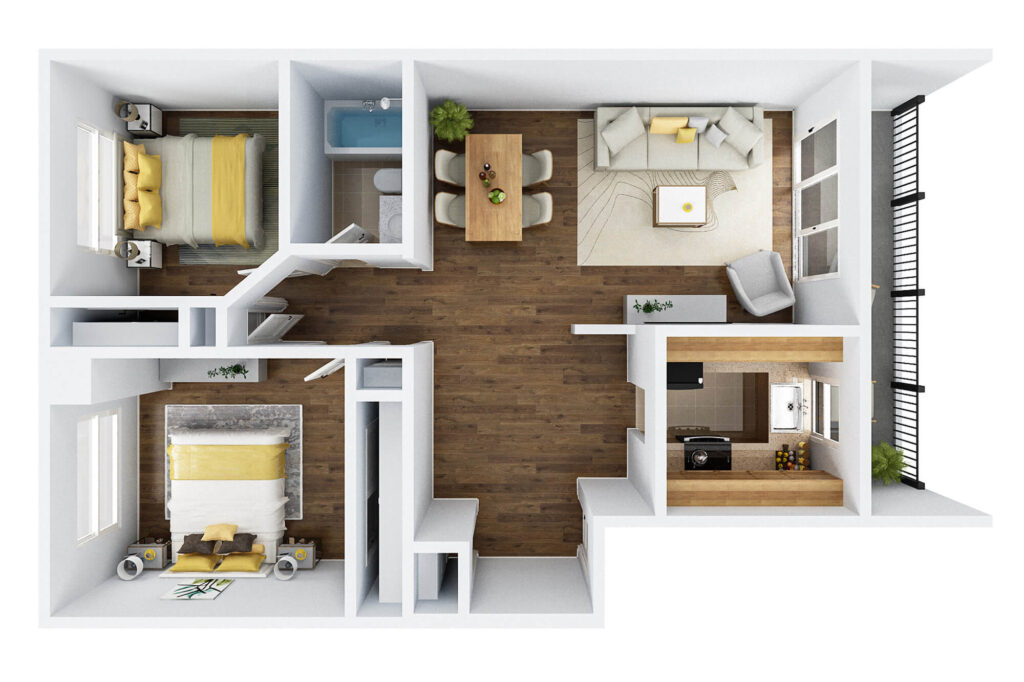 2Br Apt 3D Floor Plan